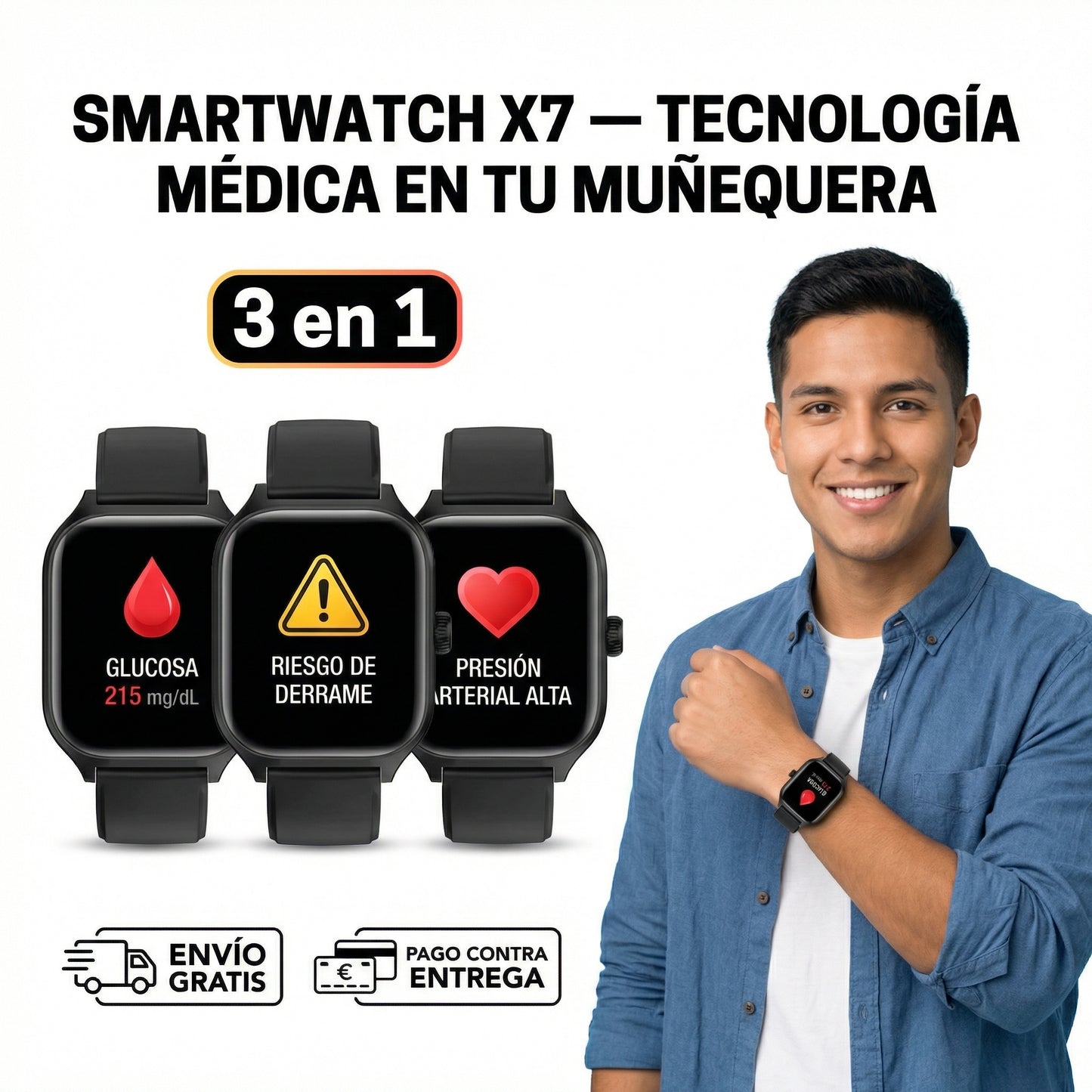 SMARTWATCH X7 - Monitor Médico 3 en 1 (Glucosa, Presión, Riesgo de AVC) | Menú en español