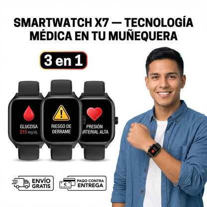 SMARTWATCH X7 - Monitor Médico 3 en 1 (Glucosa, Presión, Riesgo de AVC) | Menú en español